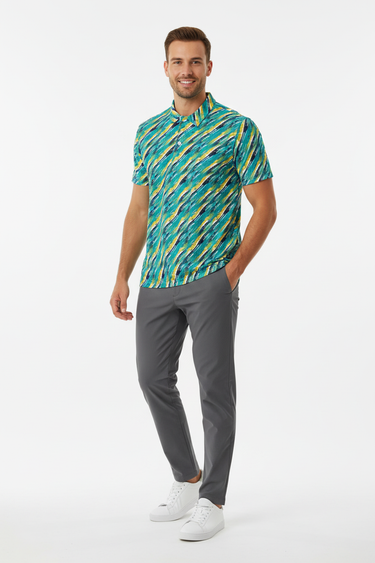 Vibrant print polo with charcoal joggers