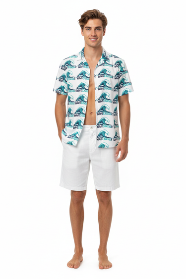 Wave crasher shirt with white shorts front