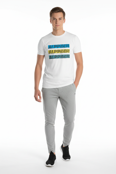 White ALPPEER tee with grey joggers