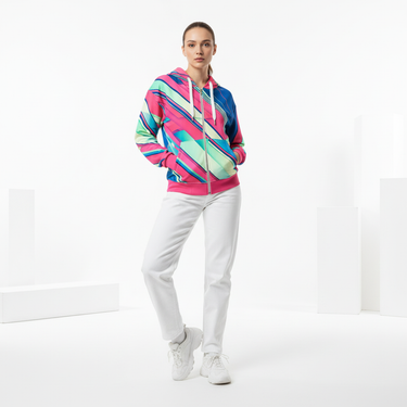 White female model in Retro Days hoodie with white jeans