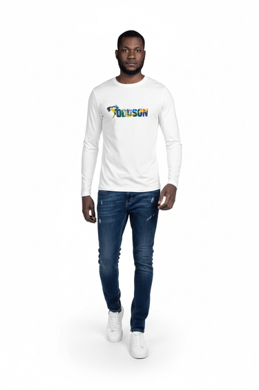 White model in white crew walking