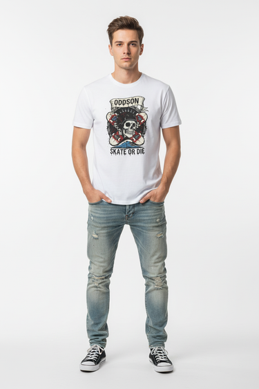 White tee front with skull graphic