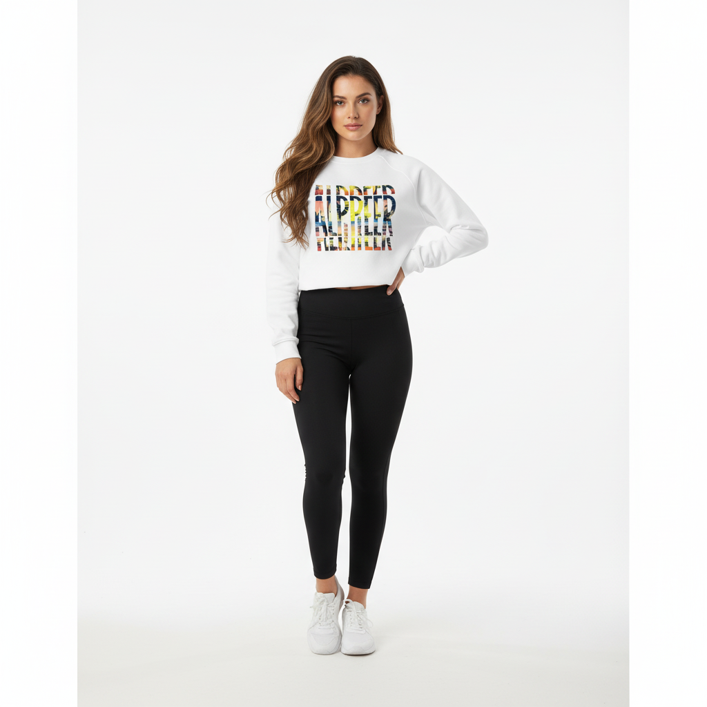 Woman in white sweatshirt with leggings