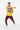 Yellow tee with burgundy joggers and athletic shoes