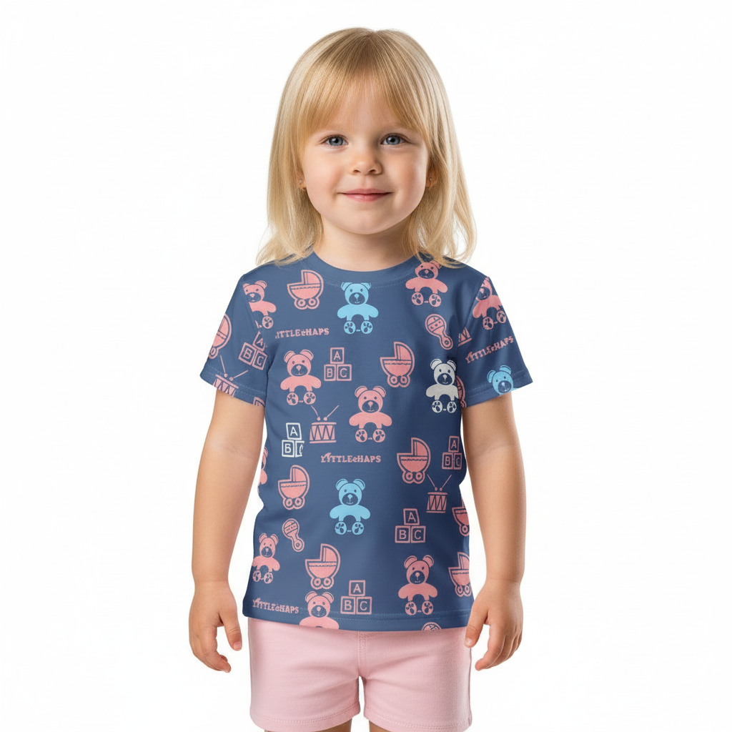 2-4 year old blonde girl in Nesting tee with shorts on white background