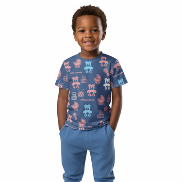 2-4 year old boy in Nesting tee with joggers on white background