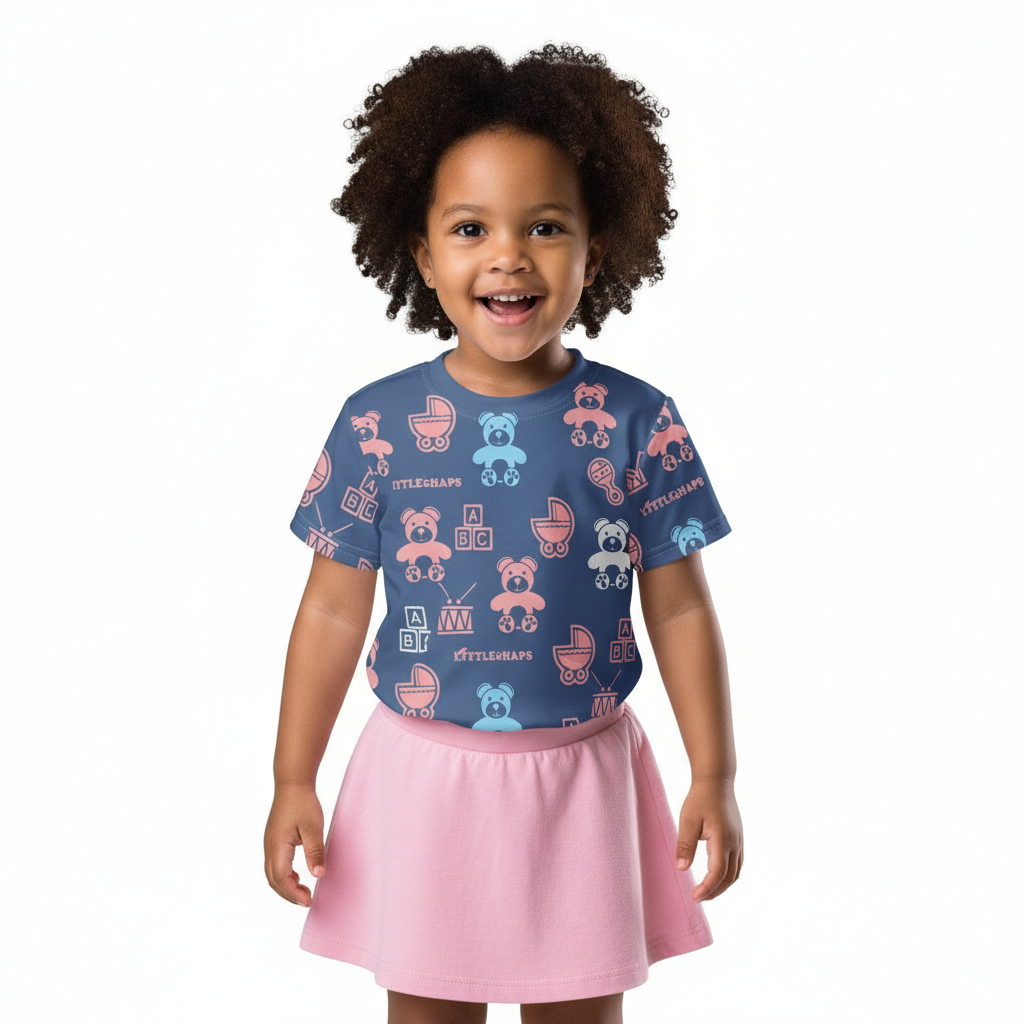 2-4 year old girl in Nesting tee with pink skirt on white background