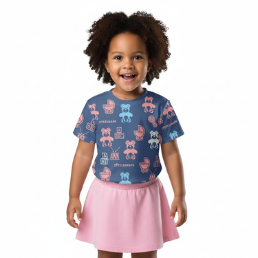2-4 year old girl in Nesting tee with pink skirt on white background