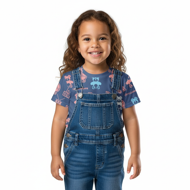 2-4 year old Hispanic girl in Nesting tee with overalls on white background