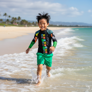 6-8 year old Asian boy running through waves in Play Robo rash guard
