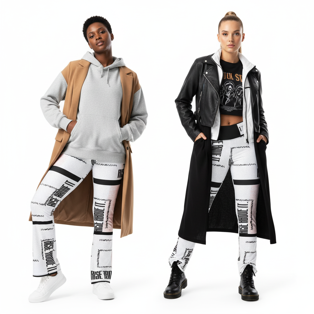 6 model looks featuring white graphic flare leggings