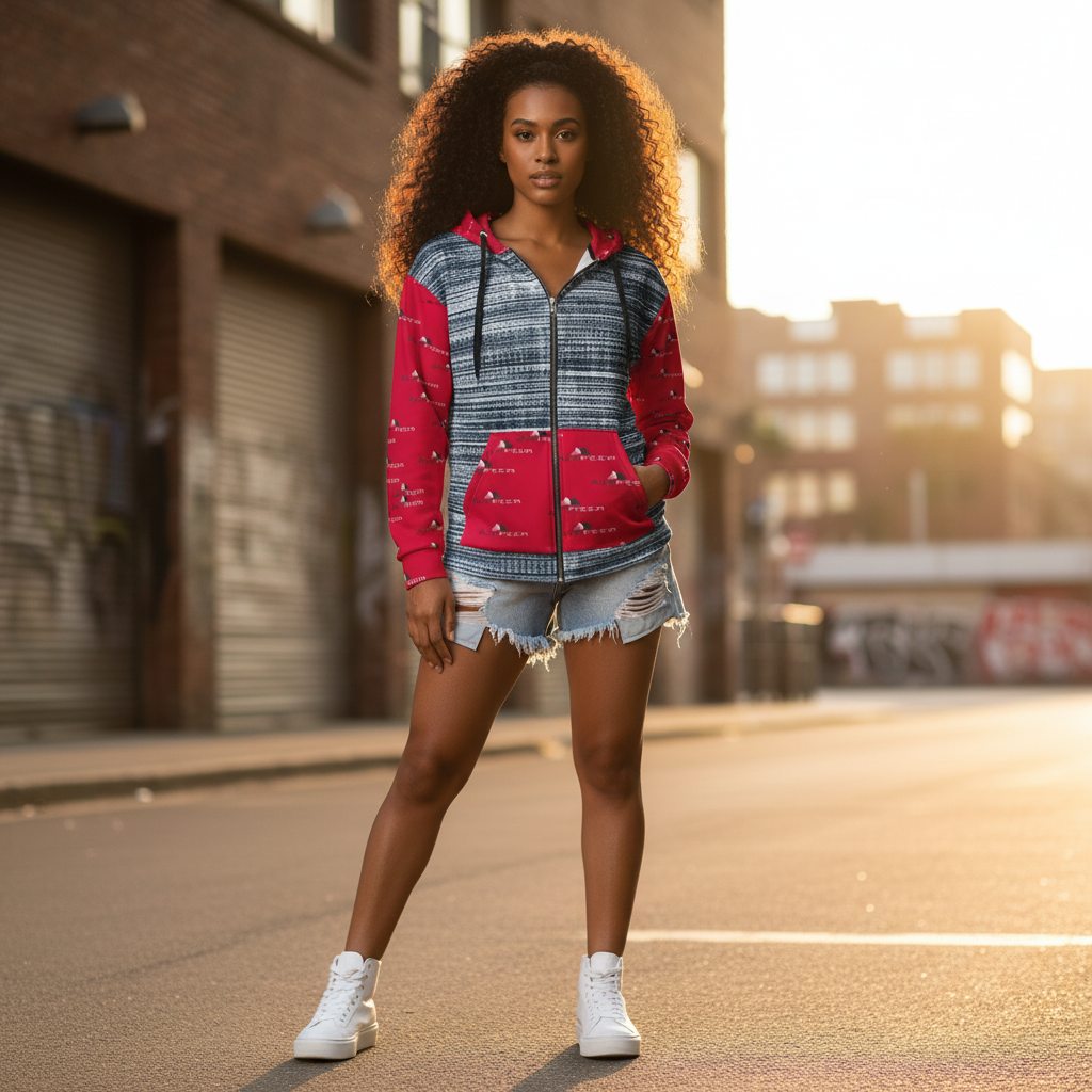 African female model in zip hoodie