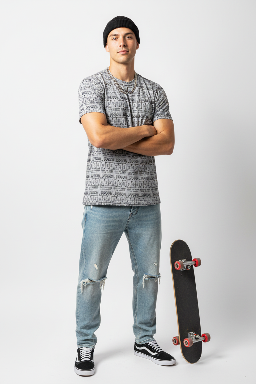 All-over print tee front with Ollie to Grind pattern