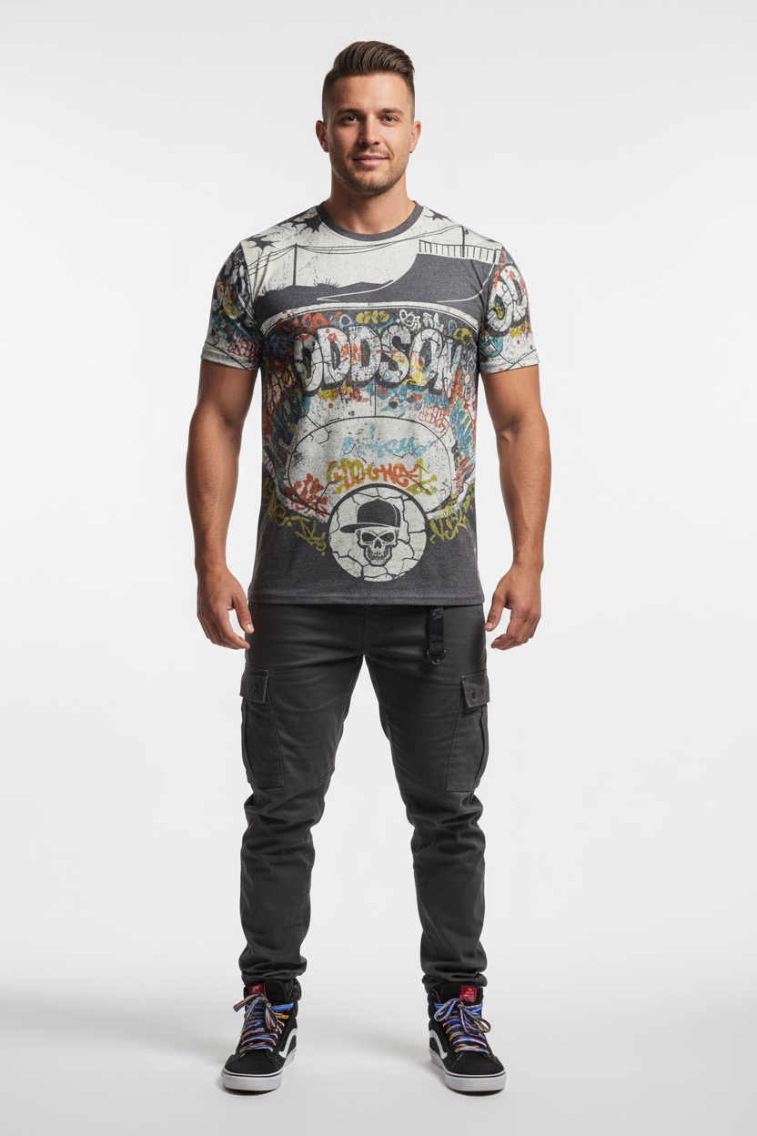 All-over print tee front with skate park graffiti