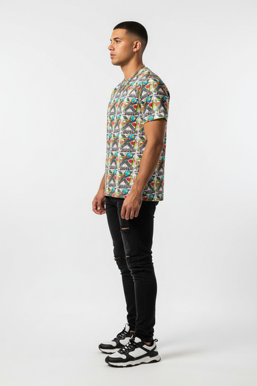 All-over print tee side profile view