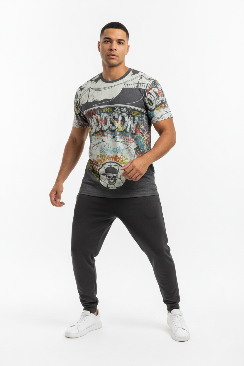 All-over print tee with athletic model, feet apart stance