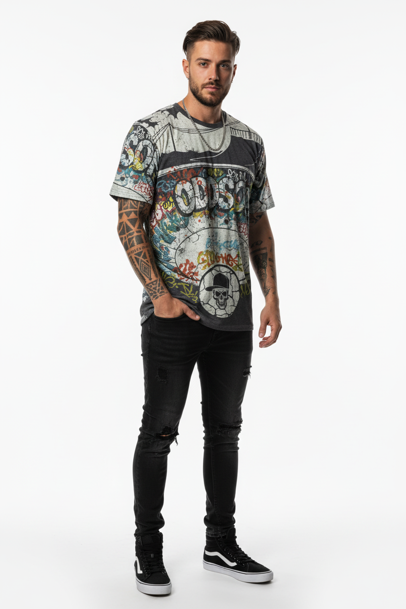All-over print tee with tattooed model, one hand in pocket