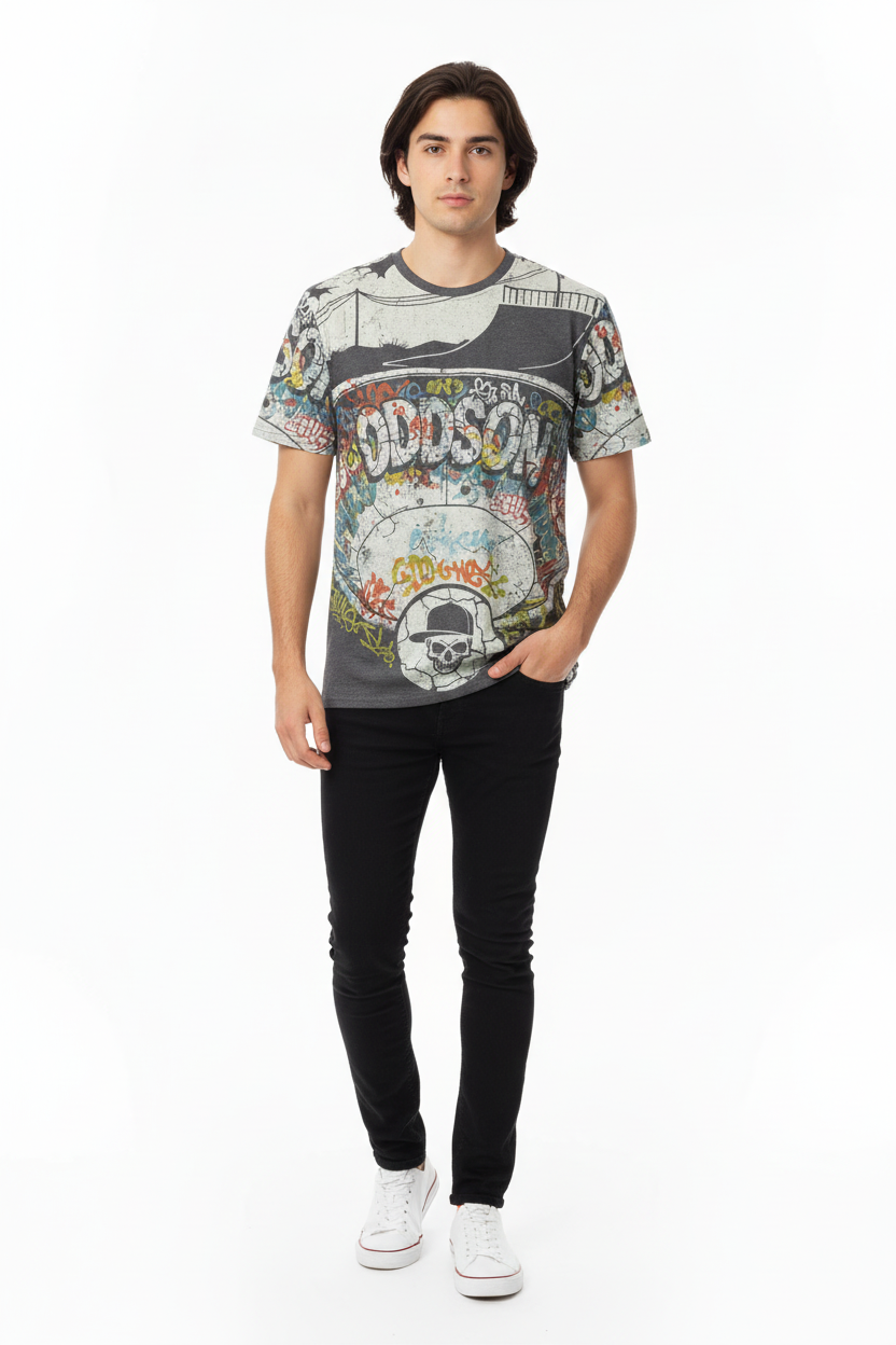 All-over print tee with young model, relaxed pose