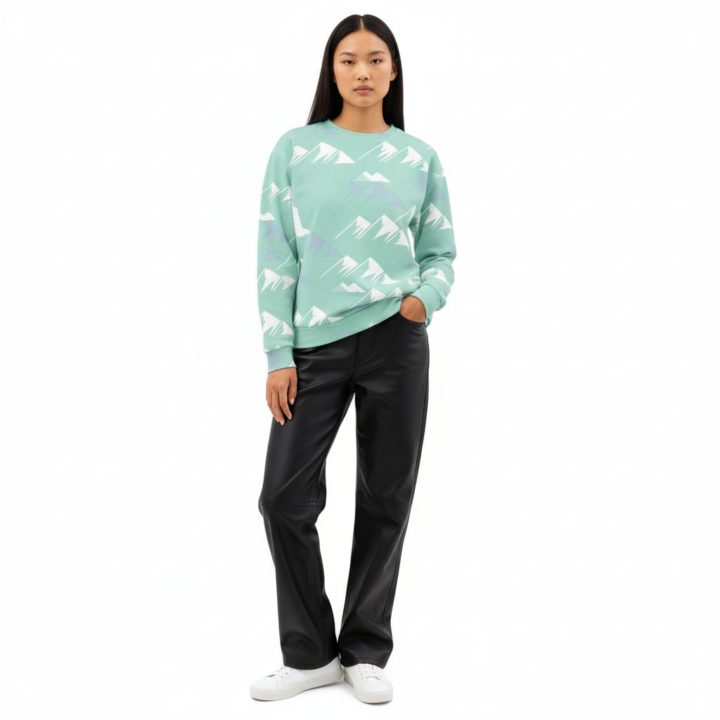Asian female model mint sweatshirt white background