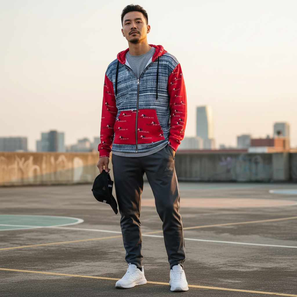 Asian male model in zip hoodie
