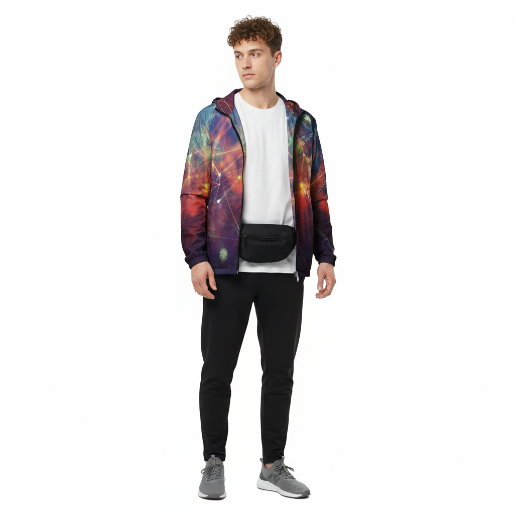 Athletic man in galaxy windbreaker