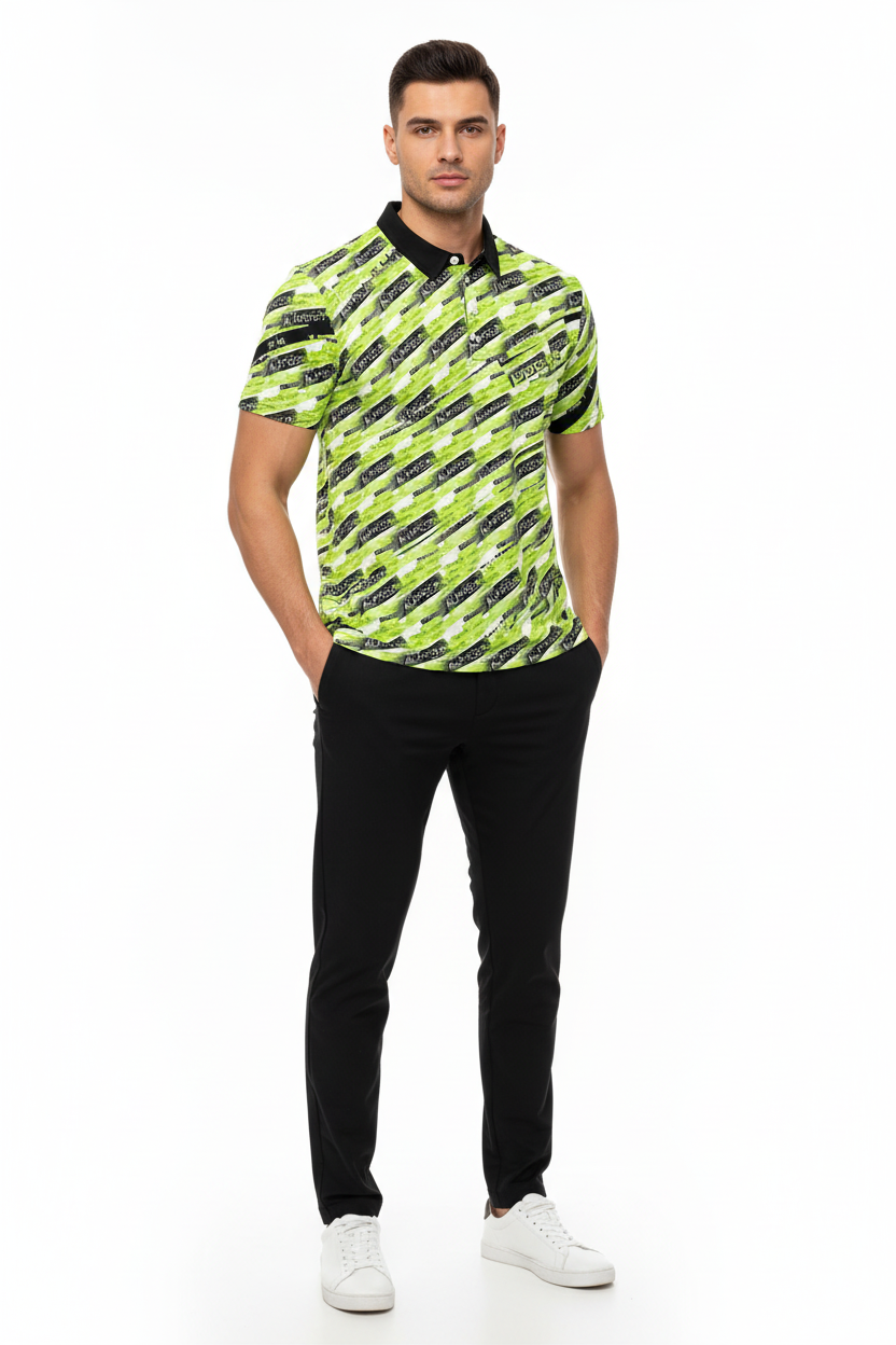 Athletic model in neon polo
