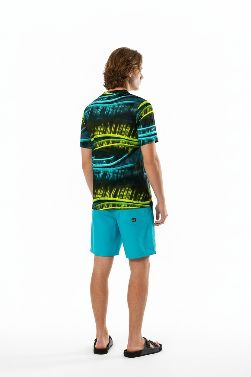 Back view with turquoise boardshorts