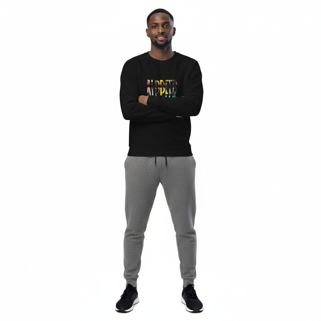 Bearded man in black sweatshirt with joggers