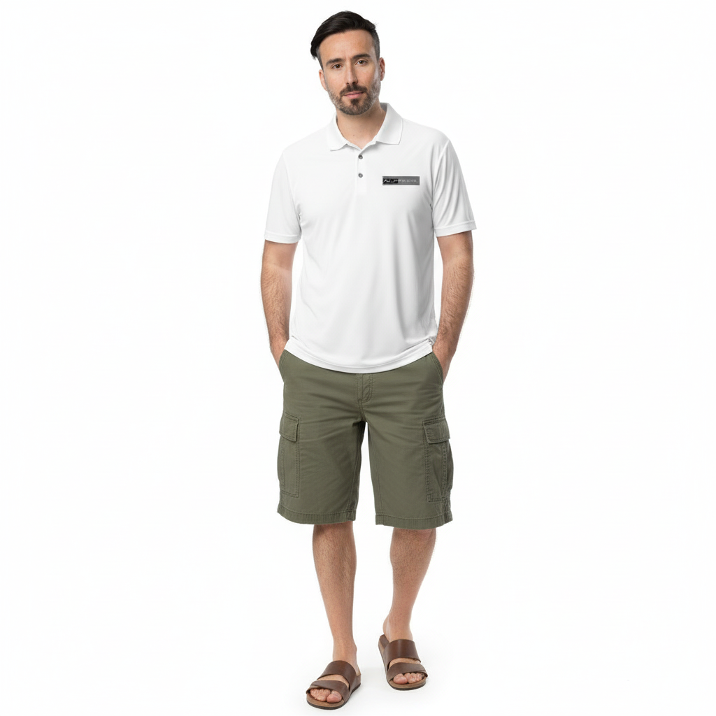 Bearded man in polo with cargo shorts