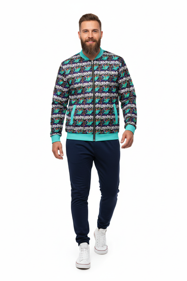 Bearded white male model with bomber and navy joggers, high-tops