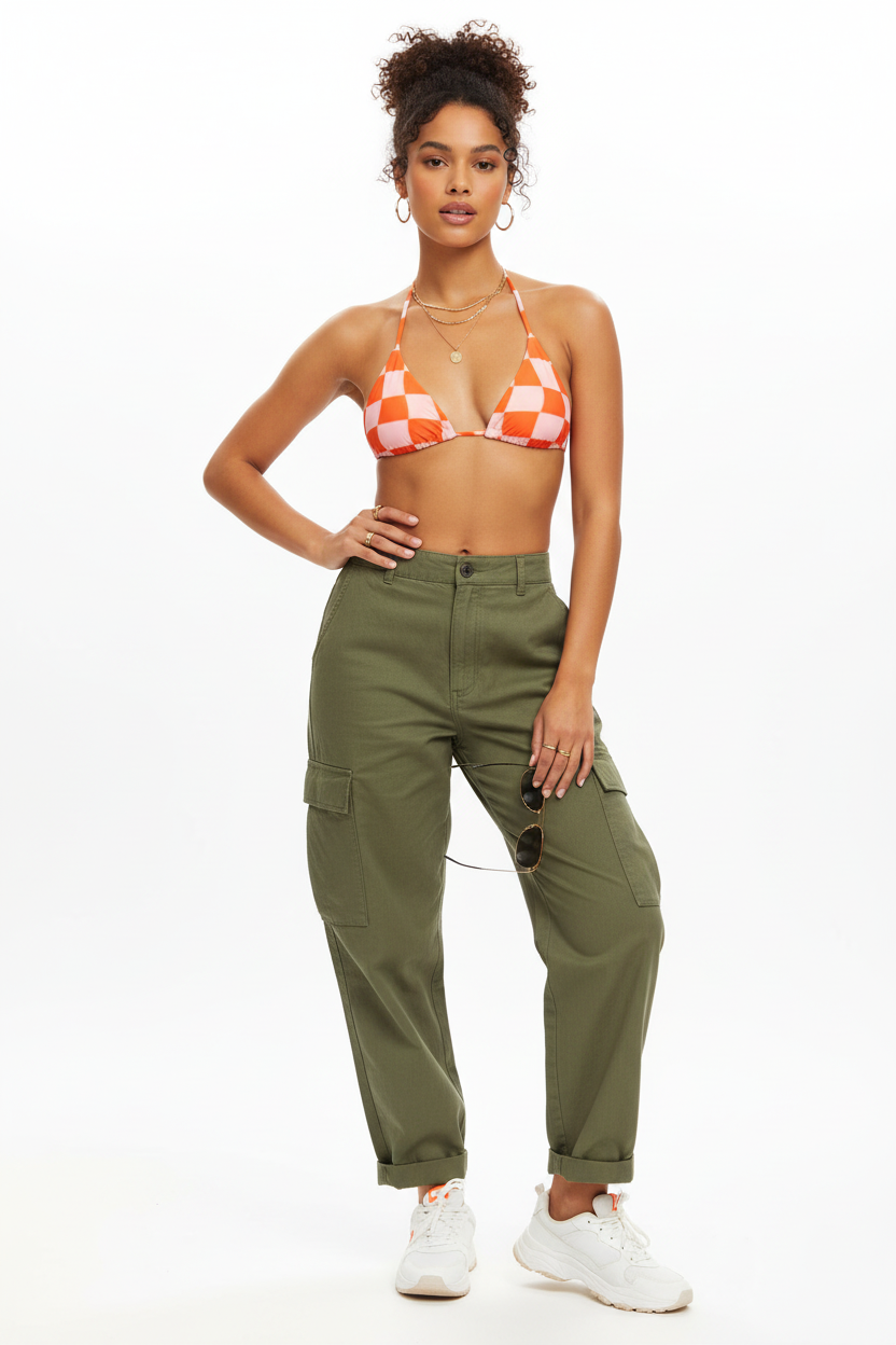 Bikini top with cargo pants street style