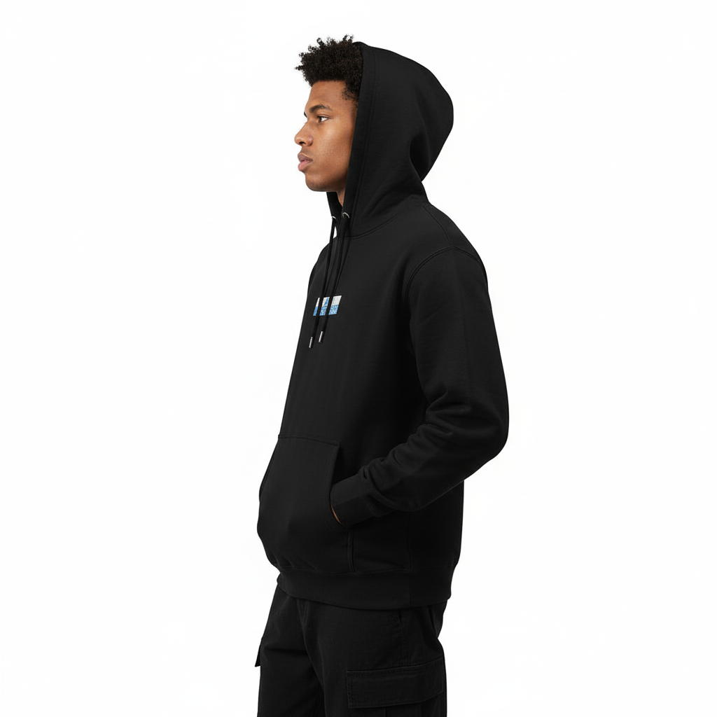 Black hoodie - hood up side profile