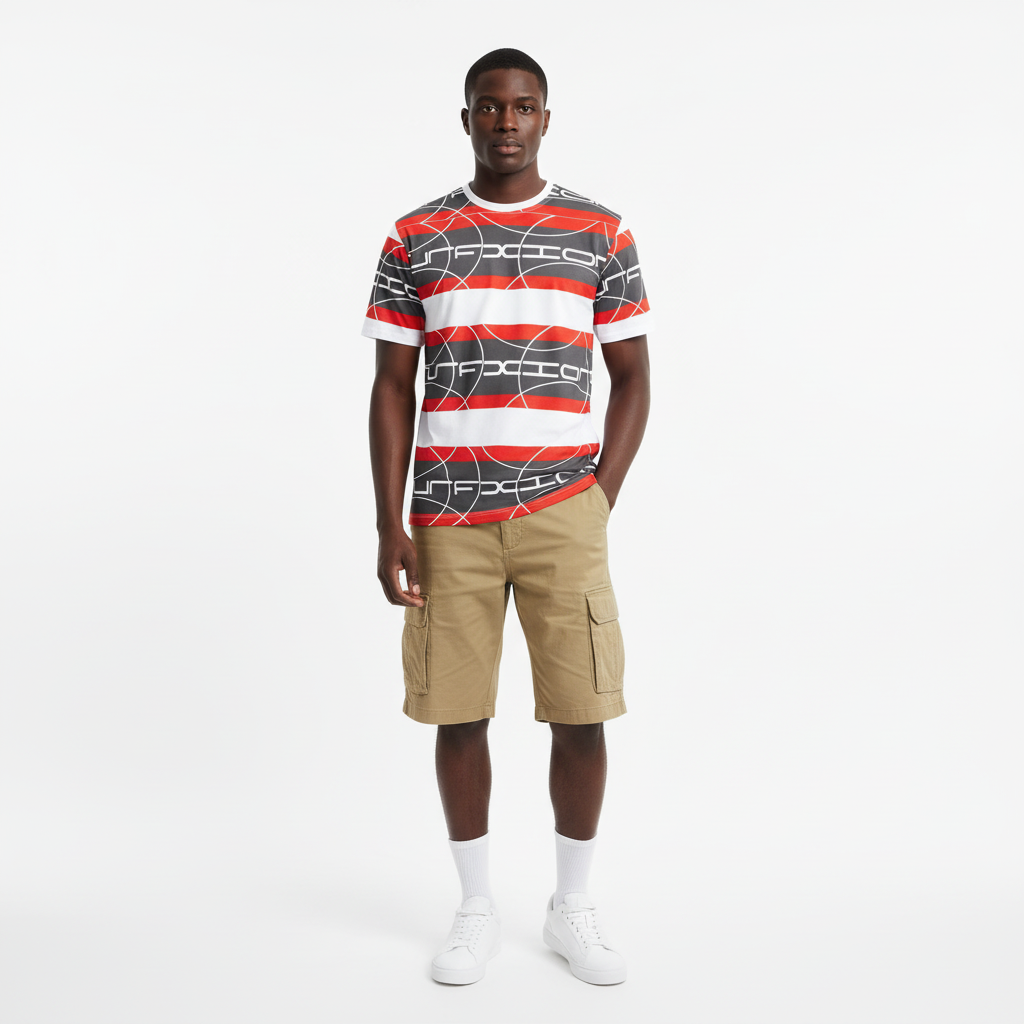 Black male model - cargo shorts front