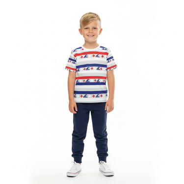 Blonde boy in Independence Match tee on white background