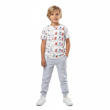 Blonde boy in Robo Days tee with joggers on white background