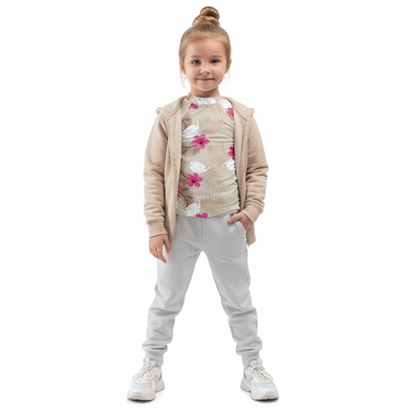 Blonde girl in rash guard with hoodie on white background