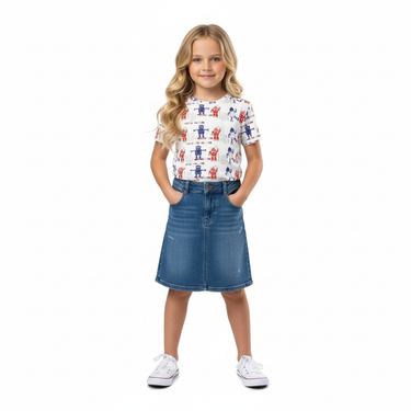 Blonde girl in Robo Days tee with denim skirt on white background