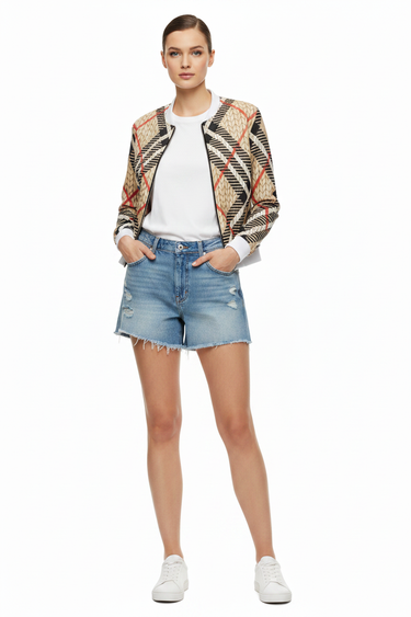 Bomber with White Tee and Jean Shorts