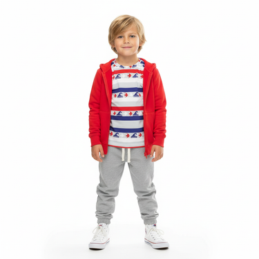 Boy in hoodie over Independence Match tee on white background