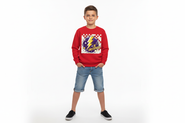 Boy in red sweatshirt hands in pockets