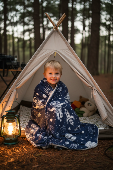 Boy in tent with blanket