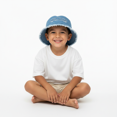 Boy light denim bucket hat sitting