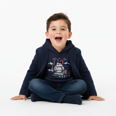 Boy navy ocean hoodie sitting