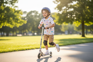 Boy riding scooter in park