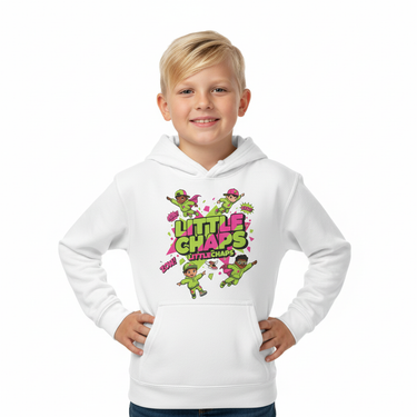 Boy superhero stance white hoodie
