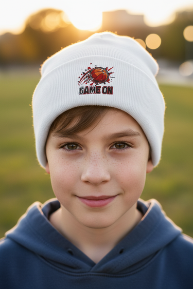 Boy wearing basketball beanie