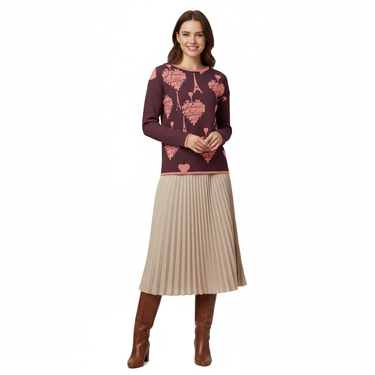 Burgundy Parisian sweater with pleated midi skirt