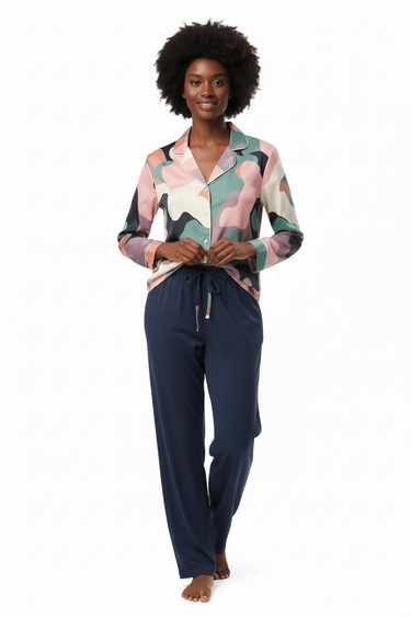 Buttoning top with navy pants