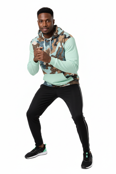 Camo Colorblock Hoodie with Black Track Pants - Full Body