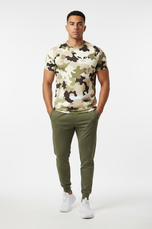 Camo Tee with Olive Joggers - Front